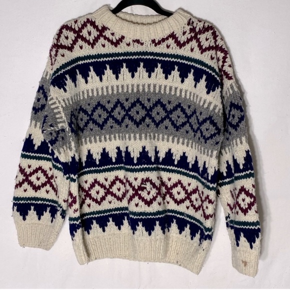 Sheep Landia Jacquard Crew Neck Wool Knit Sweater L - Picture 1 of 15